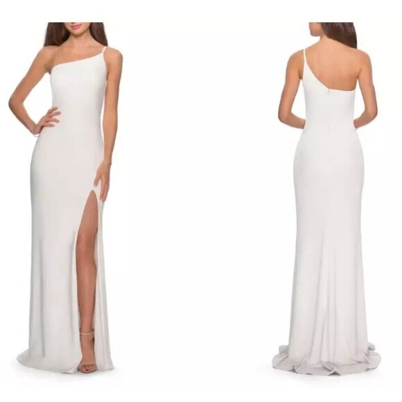 La Femme One-Shoulder Jersey White Long Gown Sultry‎ Thigh High Slit Women's  4 - Picture 13 of 13